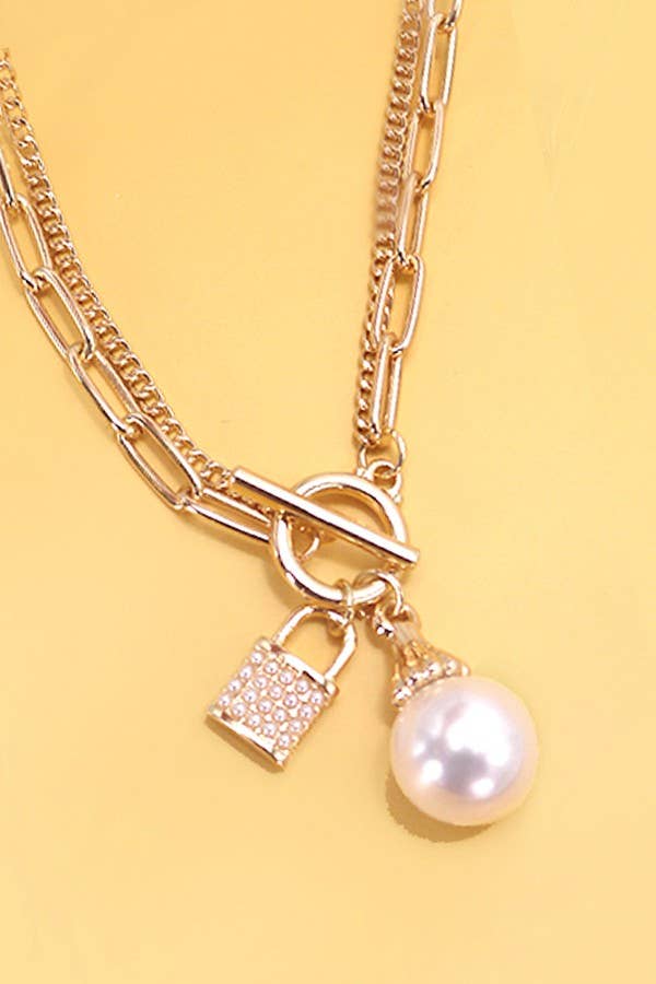 JOSSLYN by wall to wall - PEARL LOCK CHARM DOUBLE LAYER TOGGLE NECKLACE | 31N24104NECK
