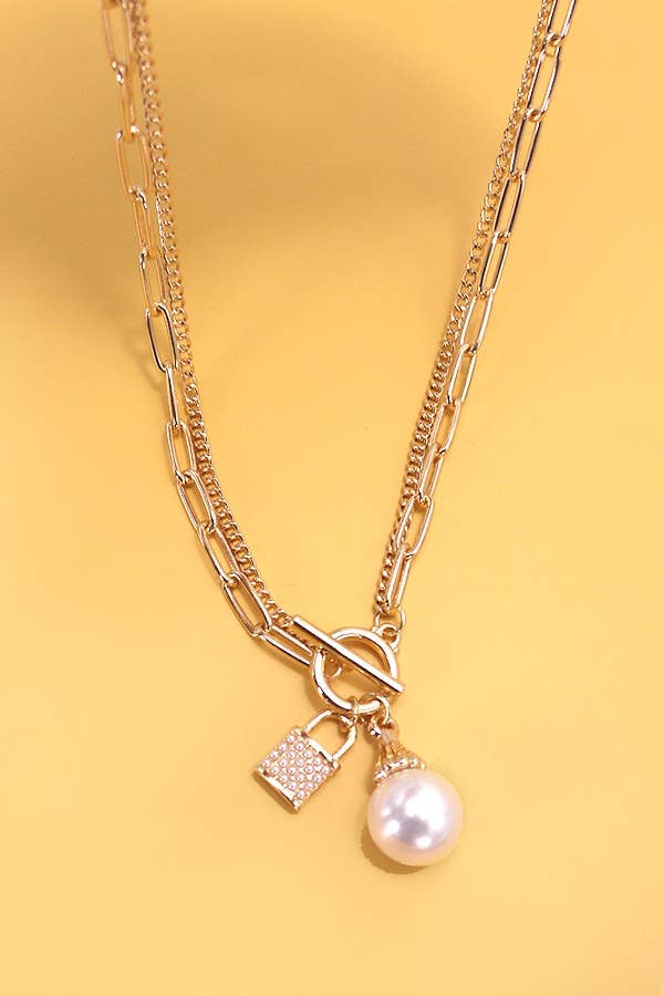 JOSSLYN by wall to wall - PEARL LOCK CHARM DOUBLE LAYER TOGGLE NECKLACE | 31N24104NECK