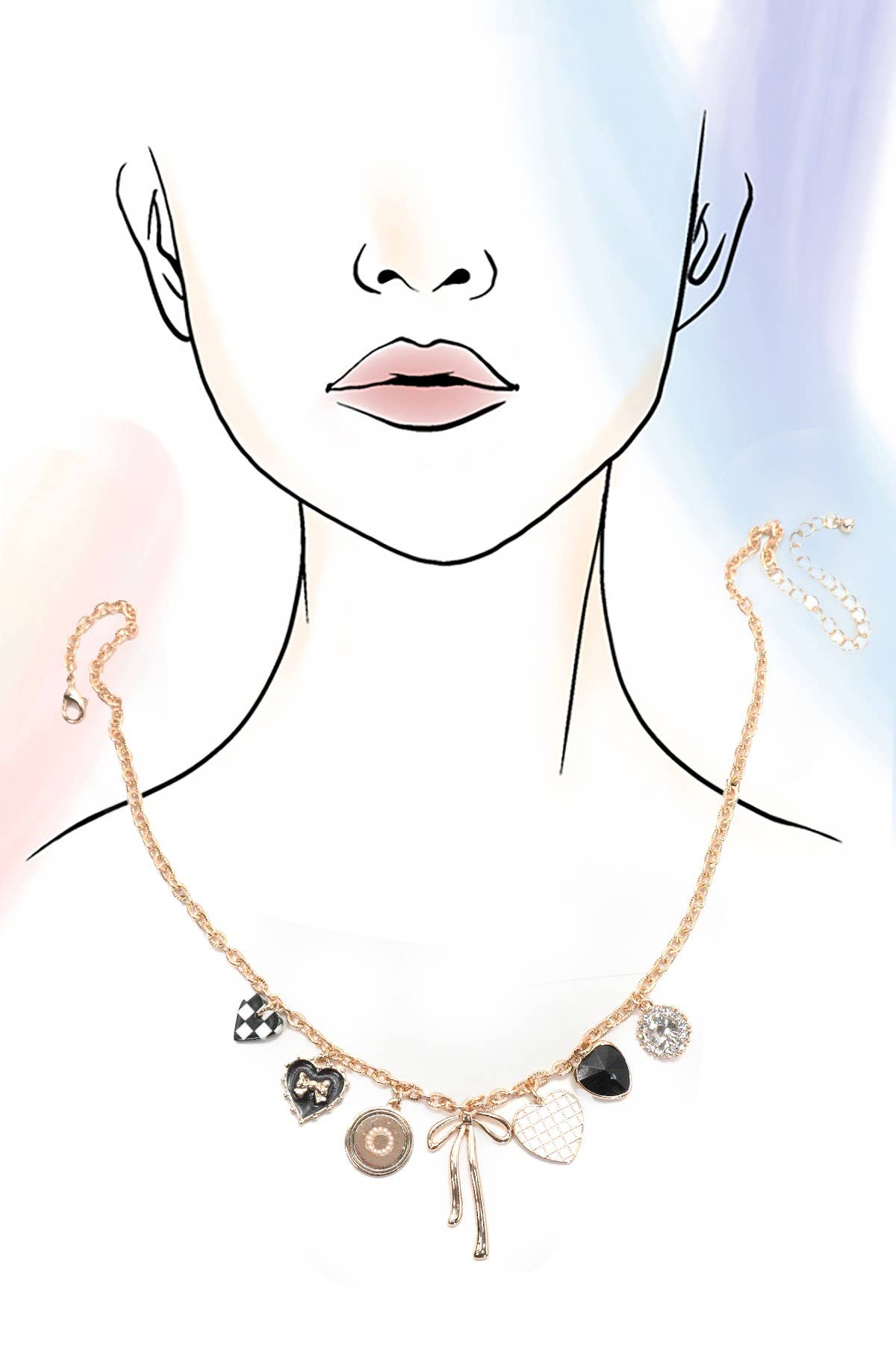 JOSSLYN by wall to wall - CHARM NECKLACE-BOW CHECKER HEART RHINESTONE | 80N91422