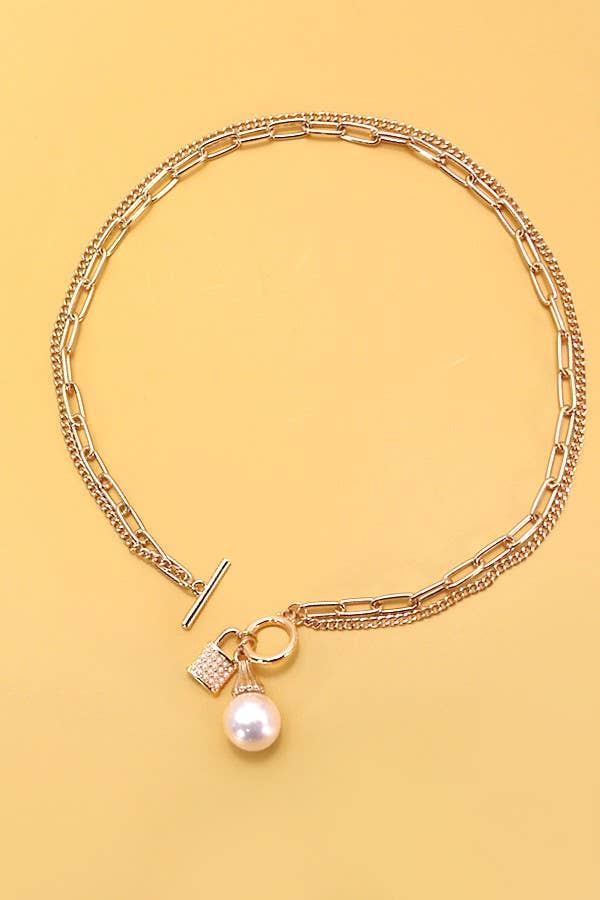 JOSSLYN by wall to wall - PEARL LOCK CHARM DOUBLE LAYER TOGGLE NECKLACE | 31N24104NECK
