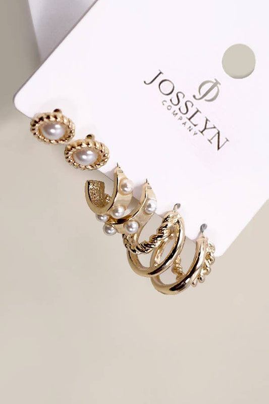 JOSSLYN by wall to wall - GOLD PEARL HOOP STUD TRIO EARRINGS | 80E2990