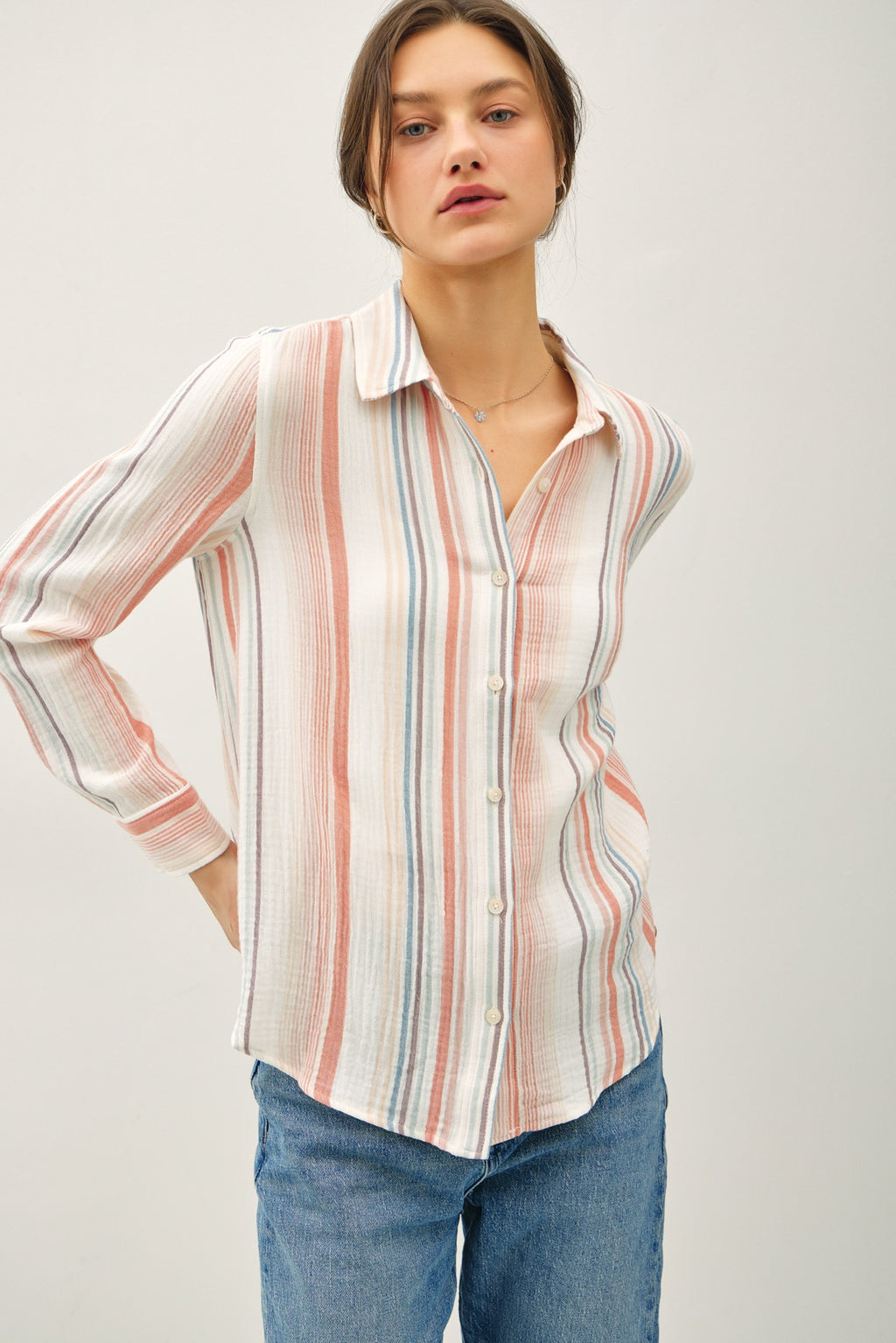 Striped Gauzy Button Up Top W/ Roll Up Sleeves