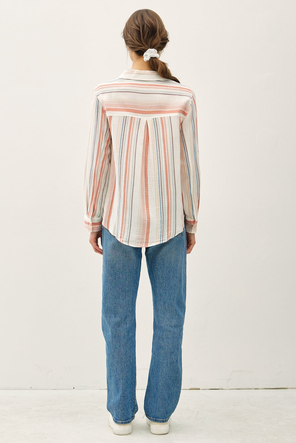 Striped Gauzy Button Up Top W/ Roll Up Sleeves