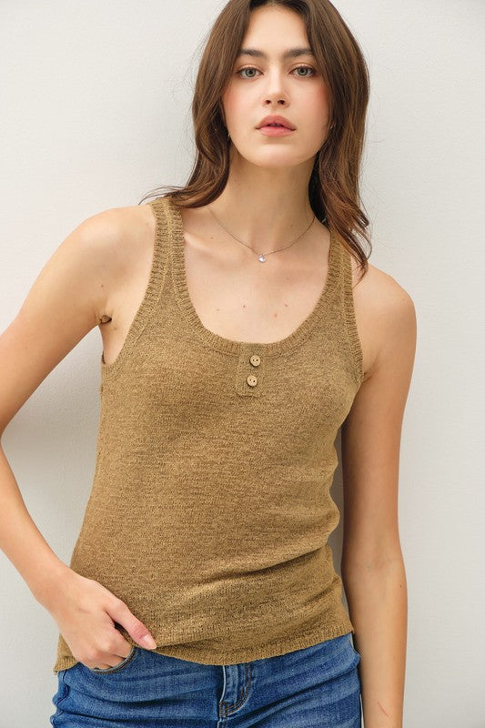 Textured Knit Button Up Henley Tank