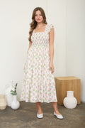 Floral Tile Pattern Smocked Sleeveless Midi Dress