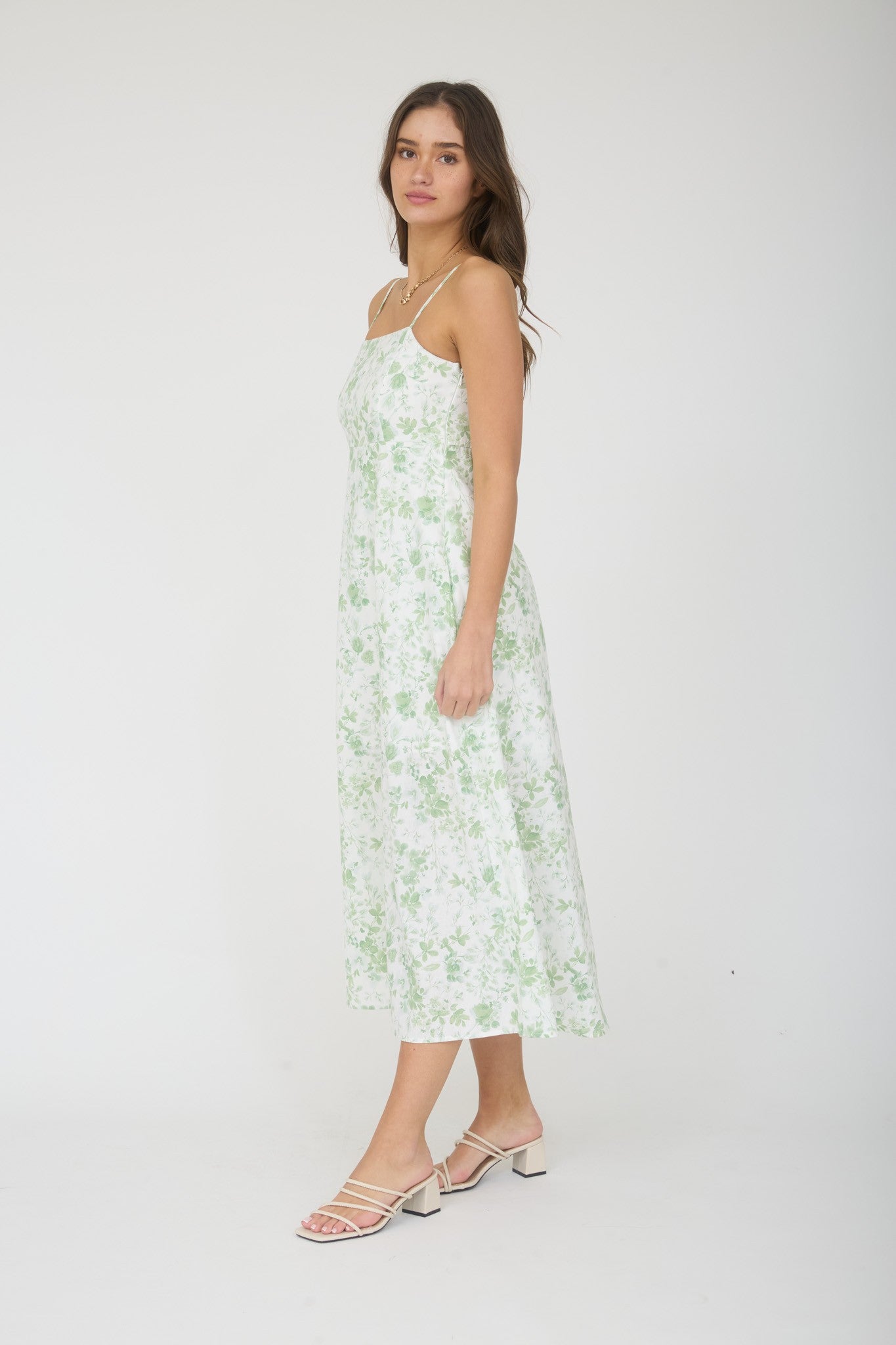 Watercolor Floral Spaghetti Strap Midi Dress