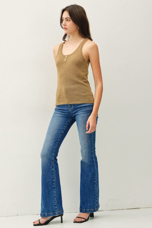 Textured Knit Button Up Henley Tank