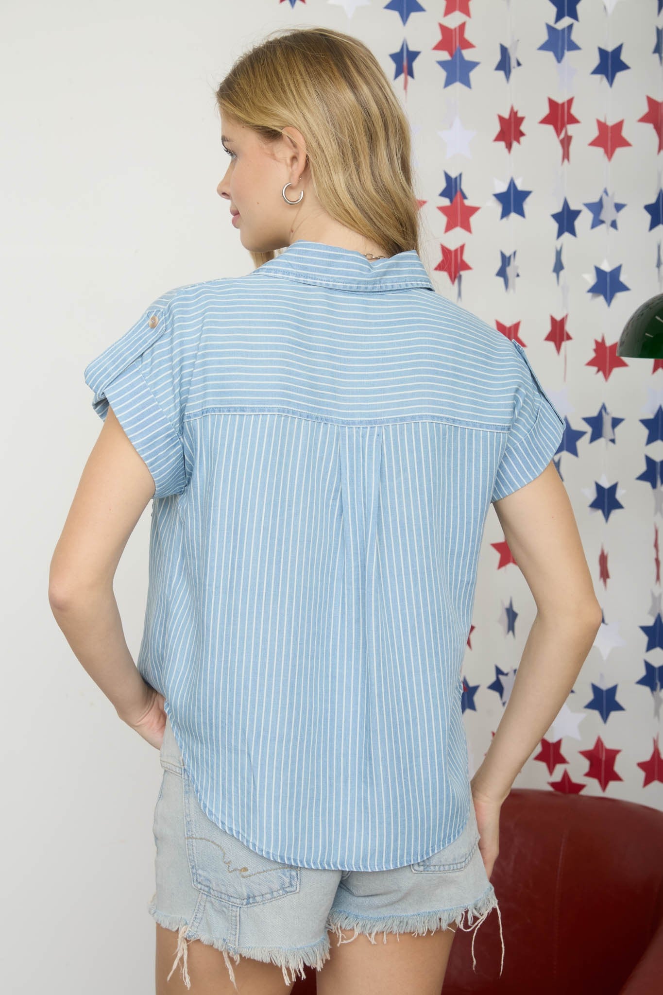 Stripe Collared Pocket Detail Chambray Top