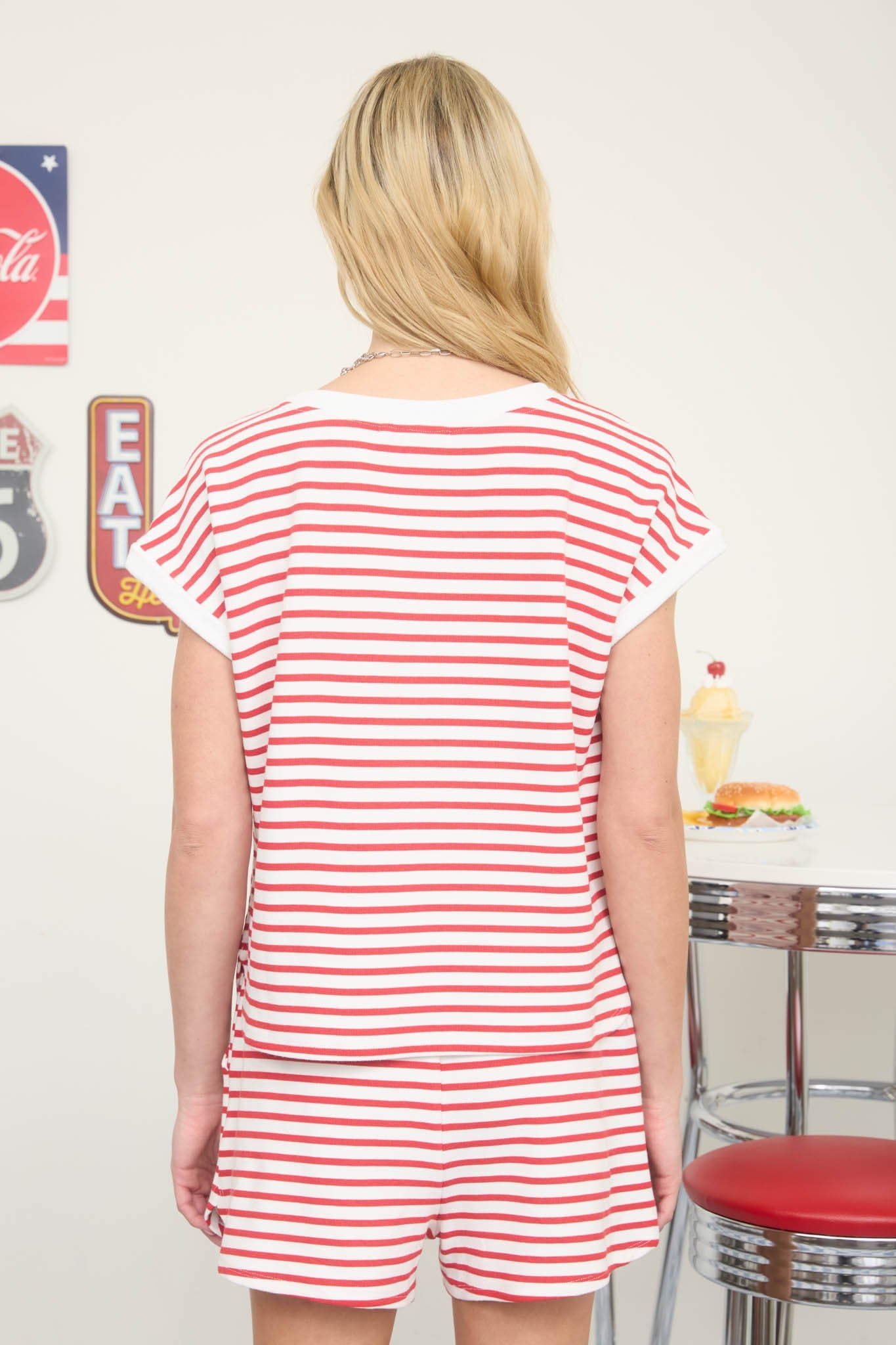 Stripe Contrast Trim Short Sleeve Relaxed Knit Top