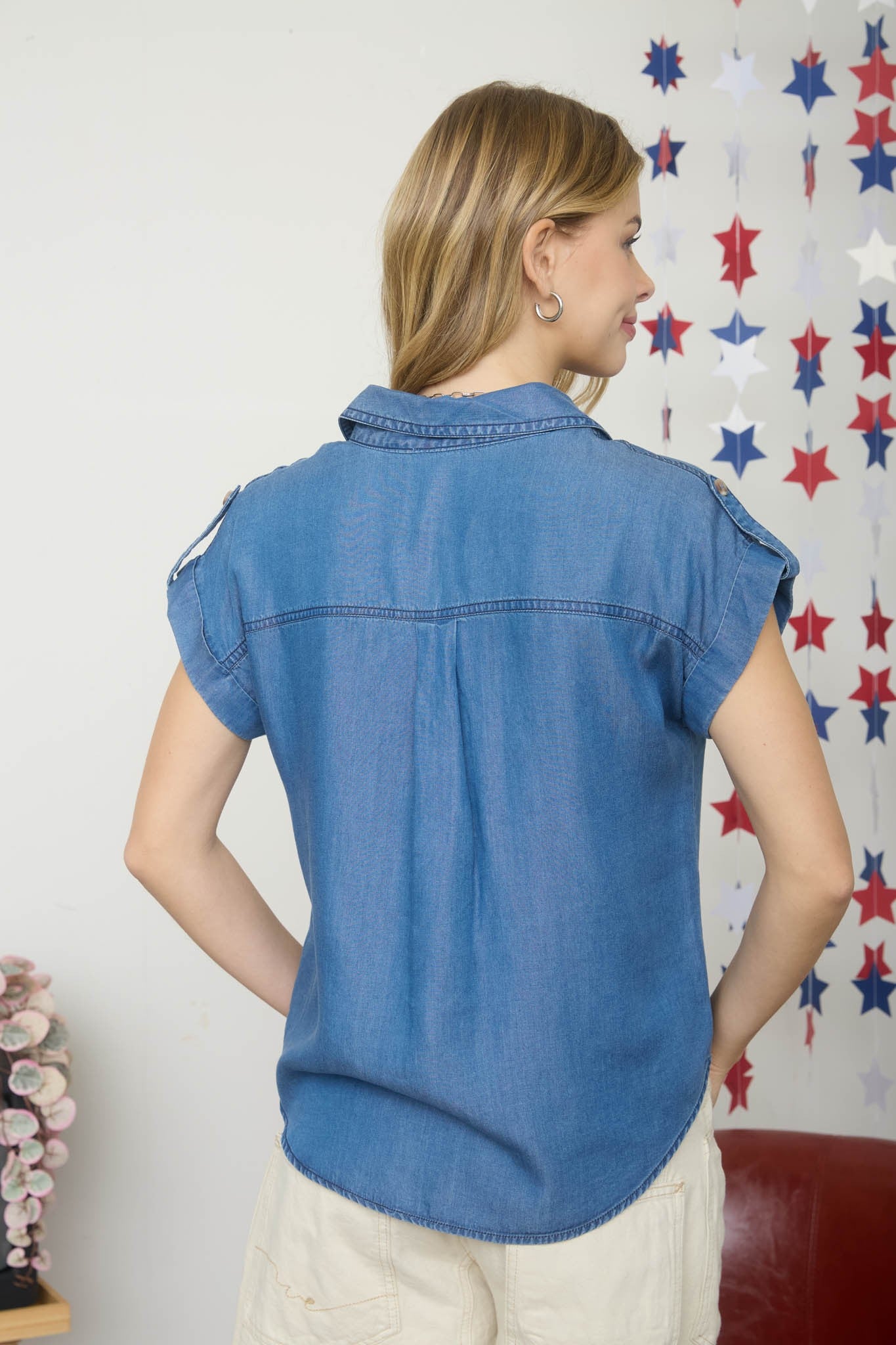 Tab Sleeve Collared Button Down Chambray Top