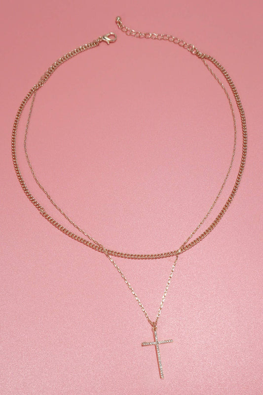 JOSSLYN by wall to wall - DOUBLE LAYER RHINESTONE CROSS CHARM NECKLACE | 80N1041