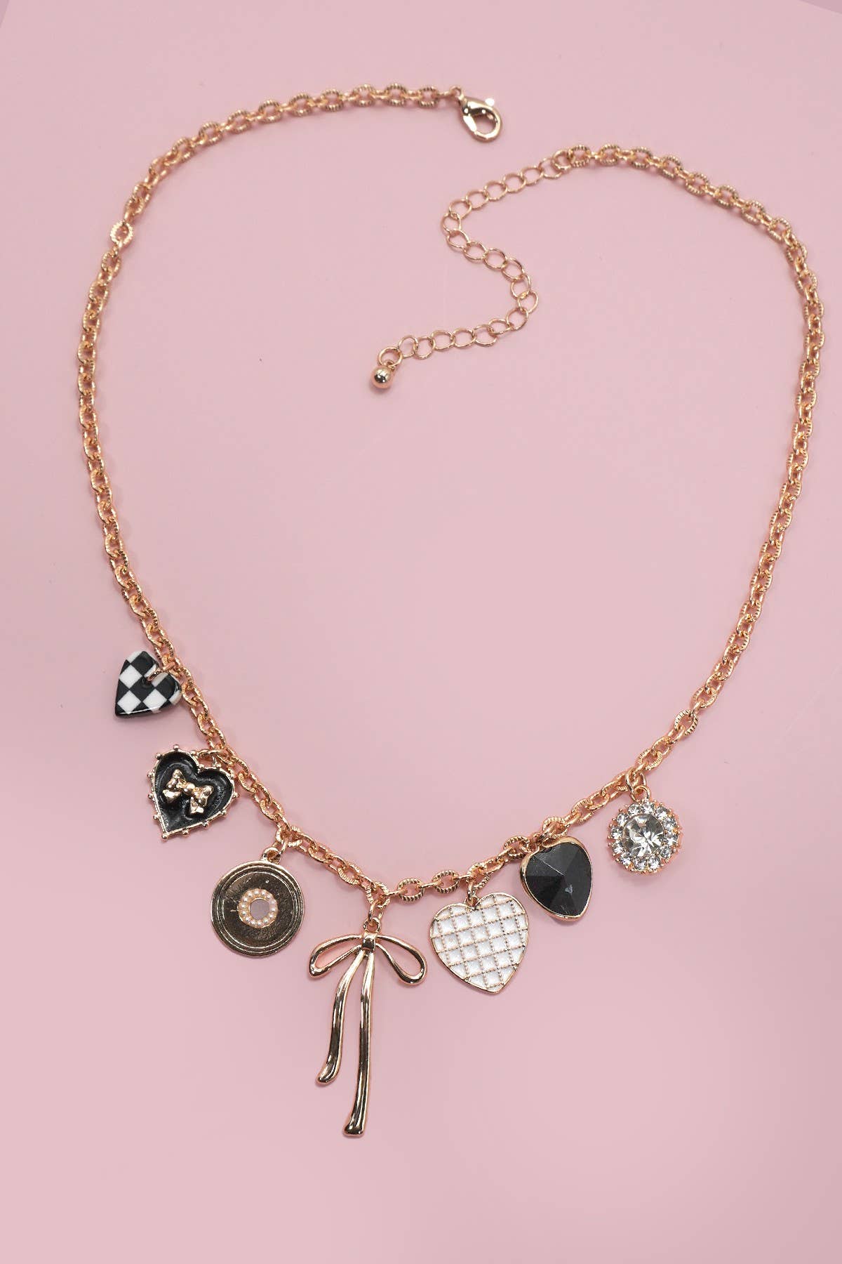 JOSSLYN by wall to wall - CHARM NECKLACE-BOW CHECKER HEART RHINESTONE | 80N91422