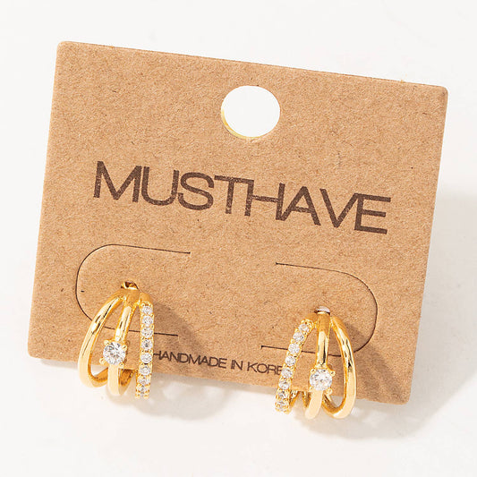 Fame Accessories - Pave Layered Hoop Huggie Earrings