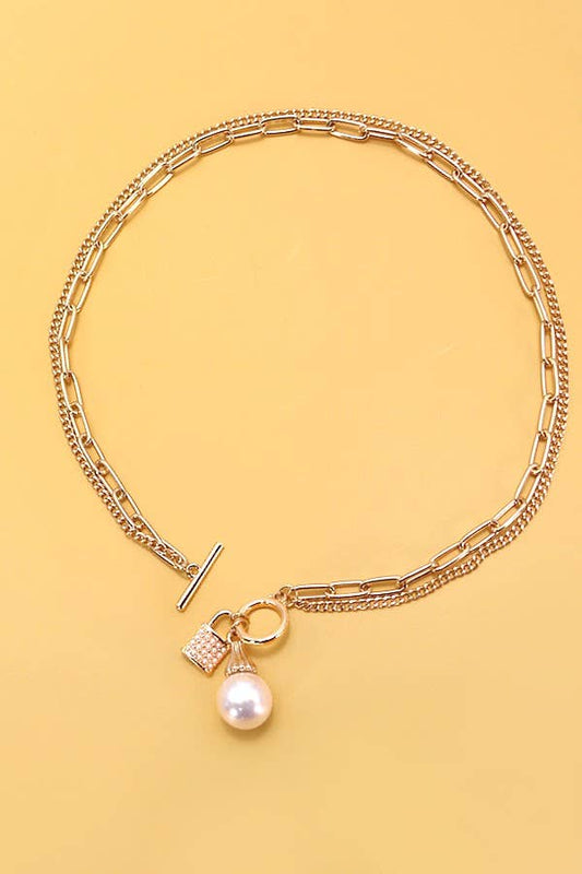 JOSSLYN by wall to wall - PEARL LOCK CHARM DOUBLE LAYER TOGGLE NECKLACE | 31N24104NECK