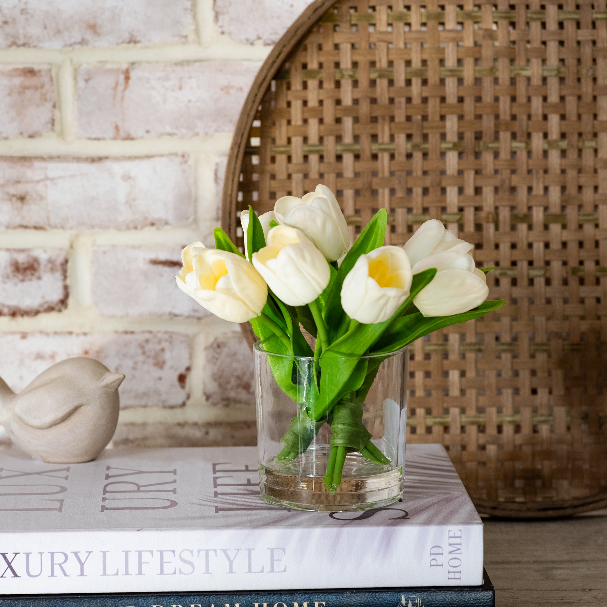 FAUX WHITE TULIPS IN GLASS VASE