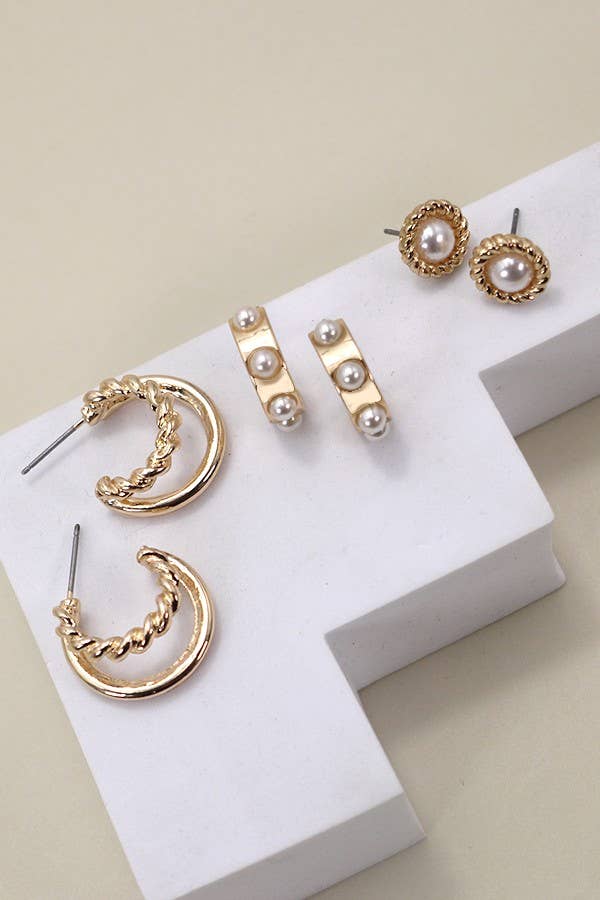 JOSSLYN by wall to wall - GOLD PEARL HOOP STUD TRIO EARRINGS | 80E2990
