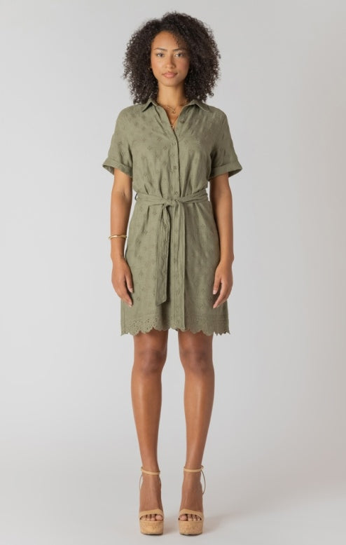Linen Belted Eyelet Shirt Dress