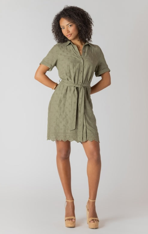 Linen Belted Eyelet Shirt Dress